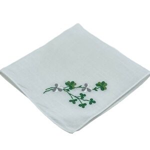 Vintage Handkerchief Embroidered Shamrocks White Green Gray 10.5in x 10.5in